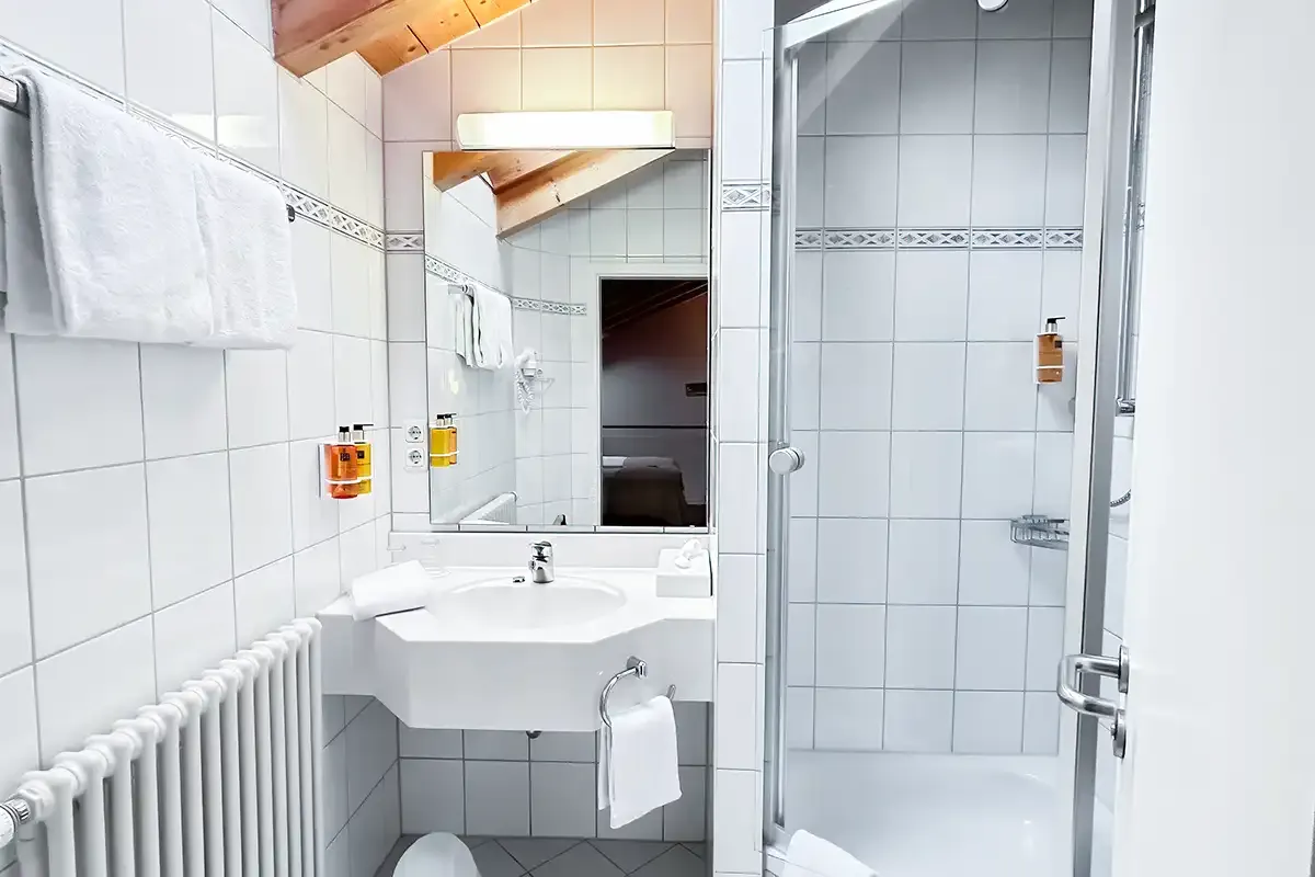 Badezimmer mit Eckdusche, Waschtisch, Spiegel und Pflegeprodukte im Berghotel Hammersbach.