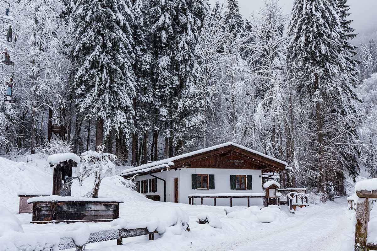 Aufnahme des Gebäudes der Hammersbach Hütte, umgeben von Schnee und Tannen.